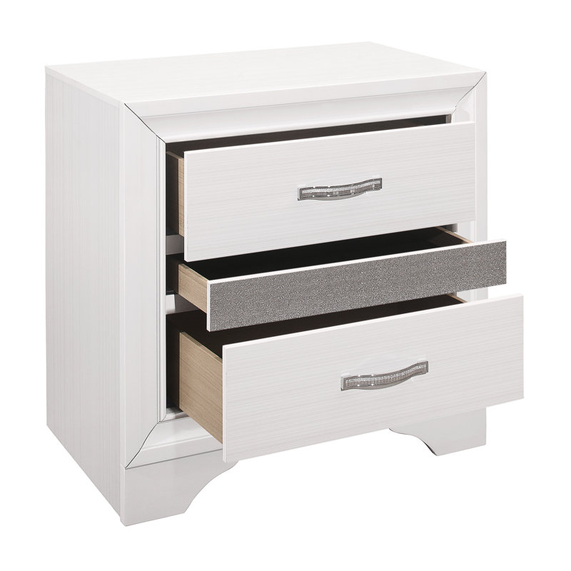 Table de chevet 3 chambres en blanc et argent scintillant scintillant - 3 tiroirs, Blanc