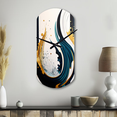 «Blue and Gold Modern Art», peinture abstraite VI - horloge asymétrique abstraite en métal, horloge cylindrique bleue