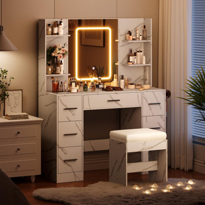 Wooden Vanity Table Set with LED Mirror, Power Outlet, Hair Dryer Rack, 7 Drawers & 6 Shelves – Makeup Desk with Stool for Women, Marble White by Wrought Studio