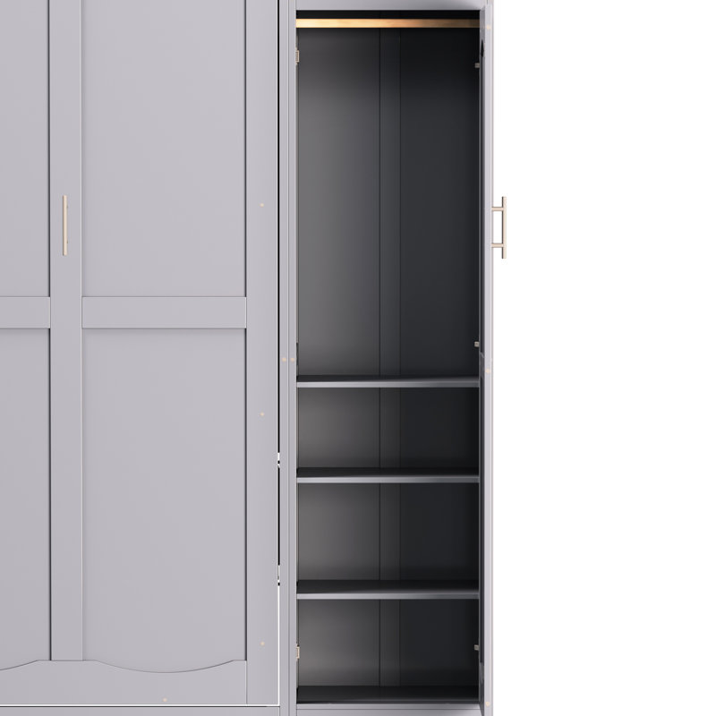 Grand lit pliable gris avec 2 garde-robes et tablette de rangement, cadre de lit plateforme multifonctionnel pour la chambre à coucher, structure en bois - invités, conception à compartiments