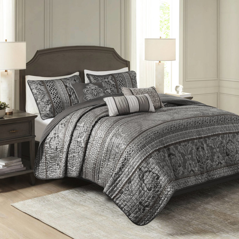 6 - Piece King/ King Quilt With Grey, 2 Shams, 3 Throw Pillows, Leaf Motifs, Gold Pops, Reversible Design Grey , Patterns, Material, Styling