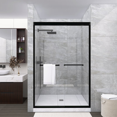 44-48" X 72" Double Sliding Shower Door, 1/4" (6mm) Tempered Glass With Explosion-Proof Film, Aluminum Frame & Stainless Steel Handle, Matte Black