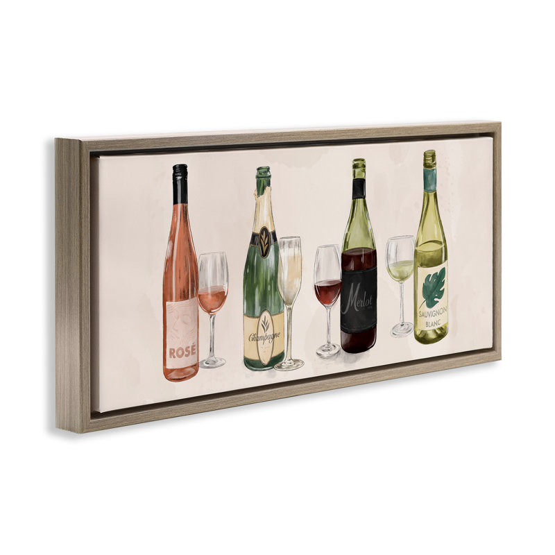 Diverses bouteilles de vin et de champagne, H 11 po x l 25 po, Cadre flottant orme Montalcino