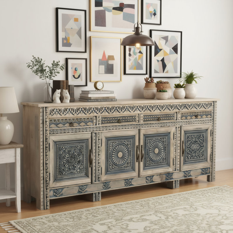 4-drawer 4-door Carved Solid Wood Sideboard, 102" L