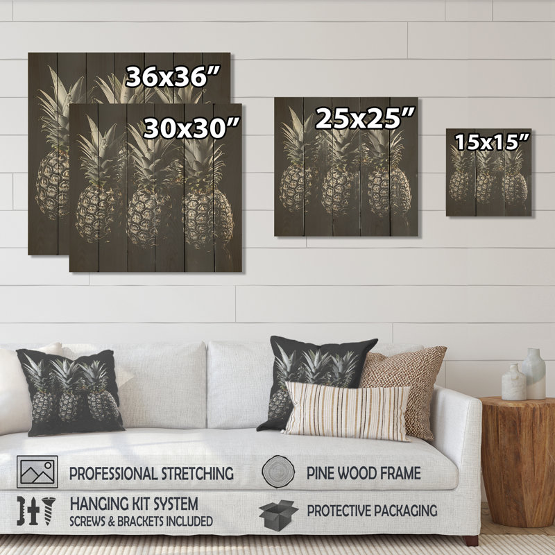 Ananas foncé sur fond gris anthracite II - ananas sur bois, H 15 po x l 15 po