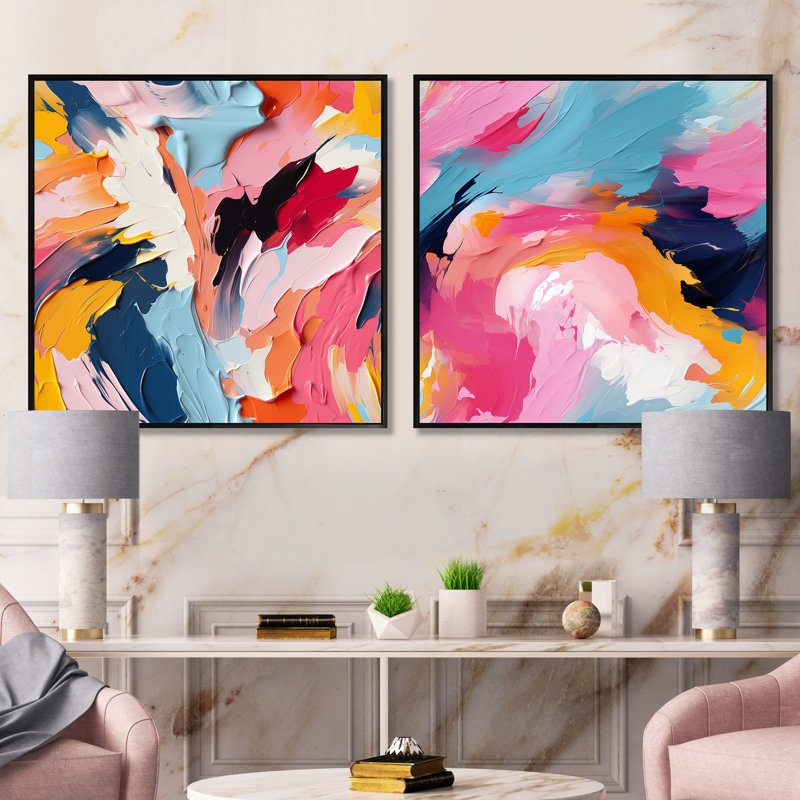 Daejia - Ensemble de 2 collages carrés abstraits, Cadre flottant noir, H 16 po x l 33 po
