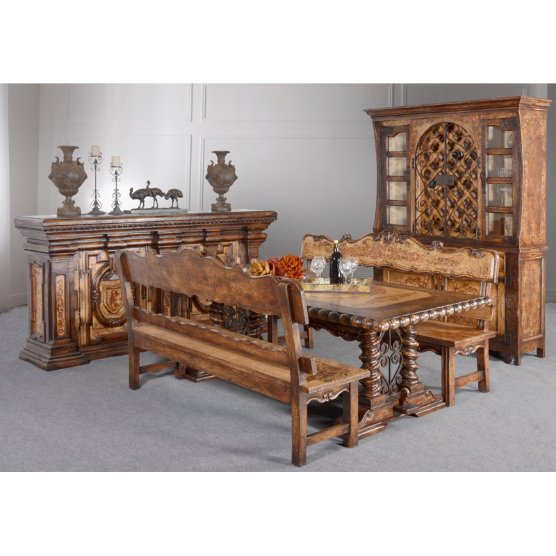 Belruse Spanish-Influenced Mahogany Dining Table Set with Benches