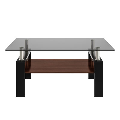 Glass Top Wood Coffee Table With Shelf