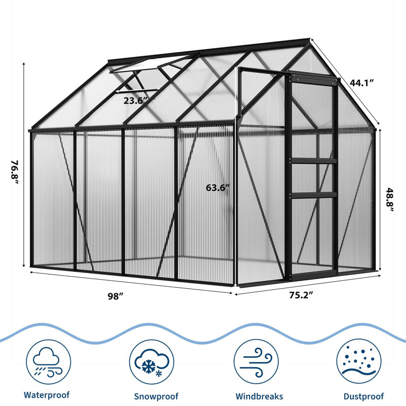 6x8 FT Walk-In Polycarbonate Greenhouse, Aluminum Frame with Sliding Door & Adjustable Roof Vent, Outdoor Grow House for Patio and Yard - Black
