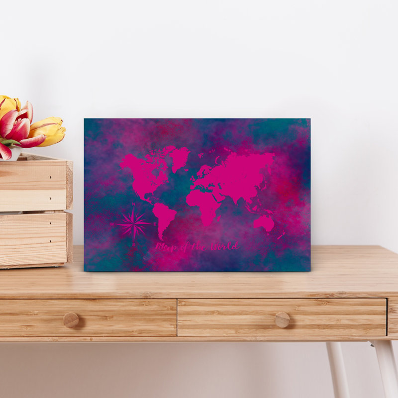 Vibrant World Map Compass Abstract Contemporary Lilac Violet Wall Art Print 1 Piece Wrapped Canvas Wall Art