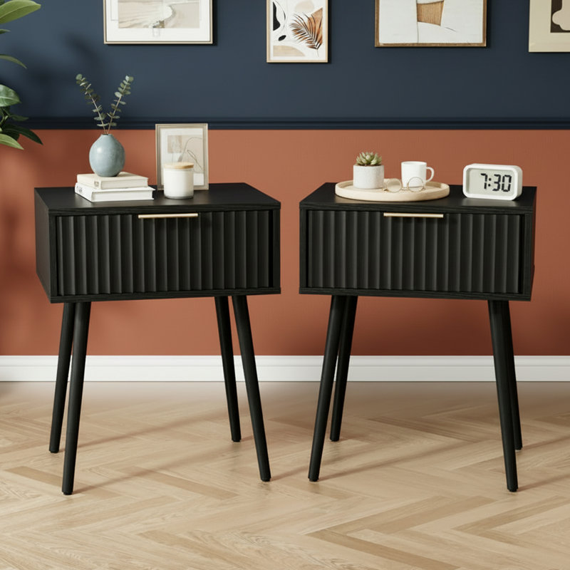 18.9" Black Relief Nightstand, Particleboard & MDF, Melamine & Vacuum Forming, 1 Drawer, High Leg (2 Pcs), Black