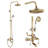 Wall Mount Antique Brass 8’’ Round Shower Head Triple Function Exposed Pipe Shower System Mixer Shower Faucet Sets with 2 Lever Knobs Handheld Sprayer with Tub Spout