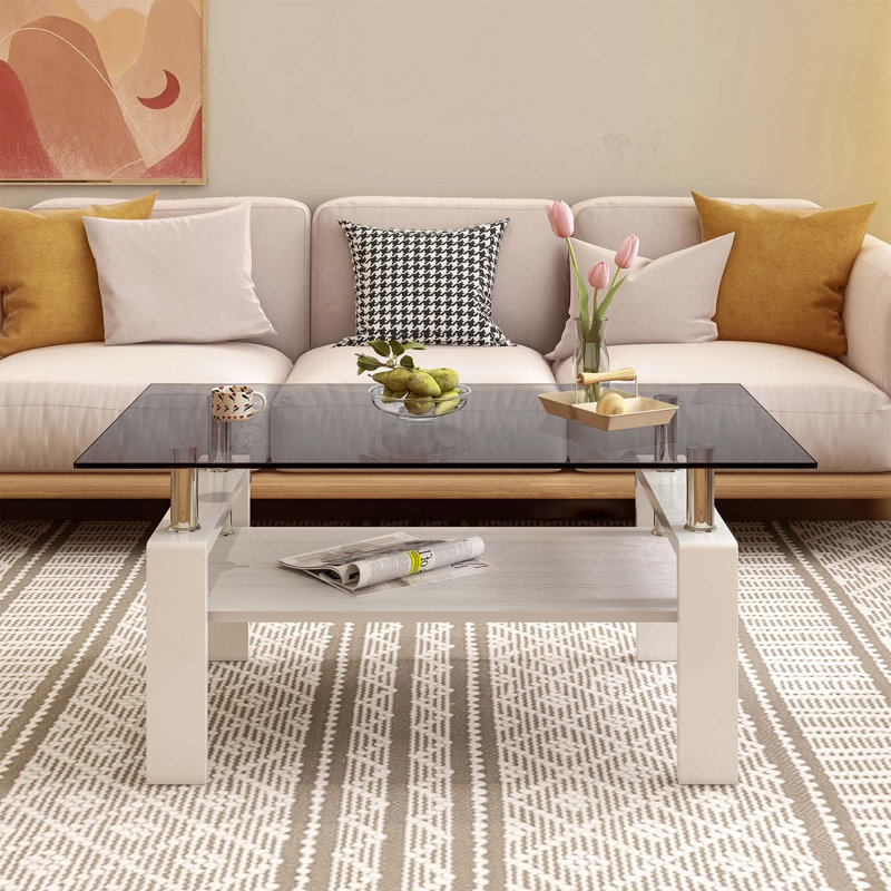 Table basse moderne en verre transparent avec rangement double couche, parfaite pour le salon et le bureau, Noir, Noir