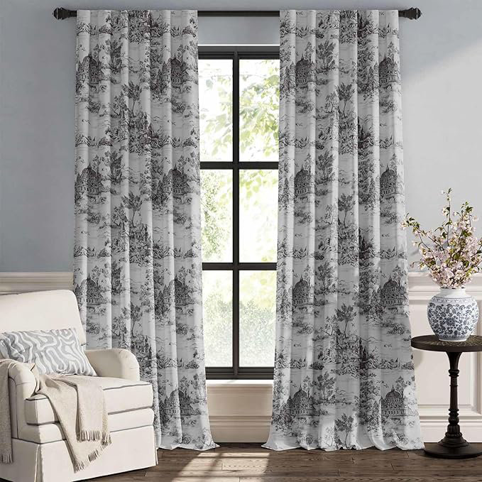 French Printed Castle French Printed Castle Toile Curtains, Gray, 50" W x 96" L