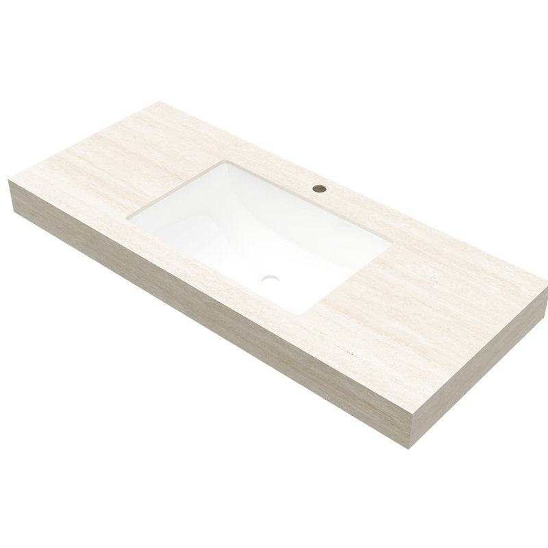 Comptoir en pierre frittée à motif 48 po avec vasque en céramique encastrée, un trou de robinet pré-percé standard, beige et matériau, excellente résistance à l'eau, au feu, 48,36 po de profondeur, 18,89 po