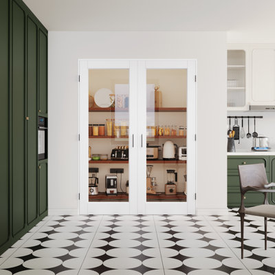 56" x 80" 1-Lite Clear Glass French Doors Interior White Primed Solid Core Pantry Door with Jamb and Ball Catch / Handles