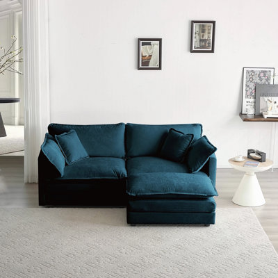 Canapé à deux places en chenille avec 1 repose-pieds, canapé modulaire en forme de L 2 places avec repose-pieds, causeuse avec repose-pieds pour petit espace de vie, chenille bleue