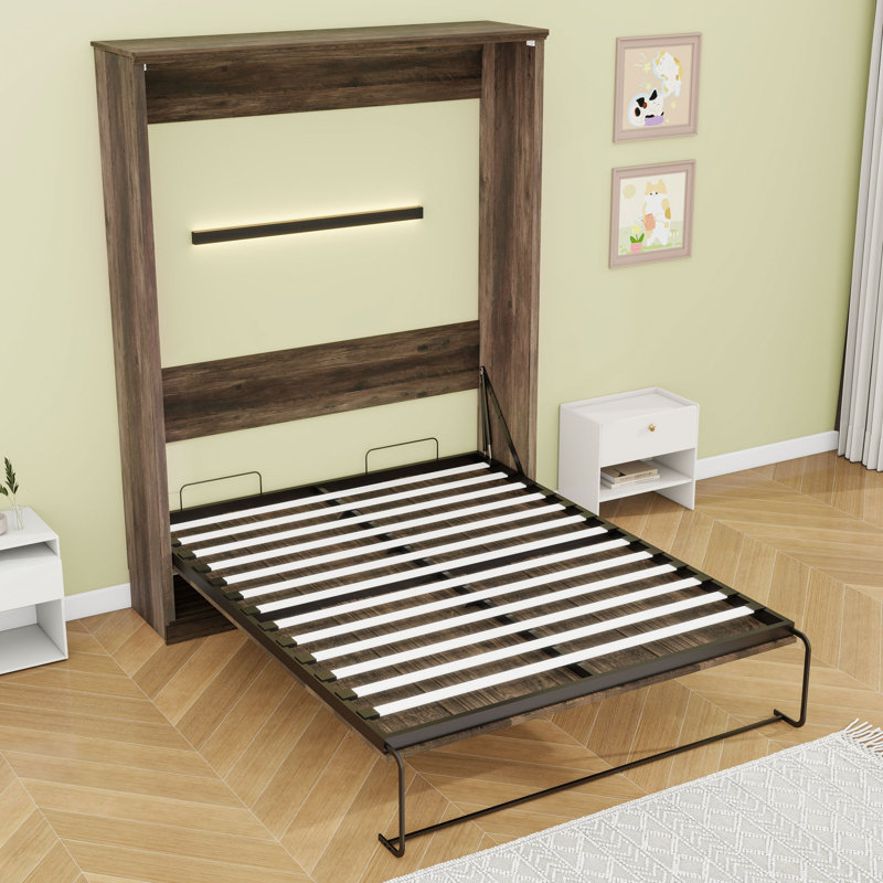 Grand lit escamotable peu encombrant avec système à deux pistons et tête de lit faciles à utiliser, Brun
