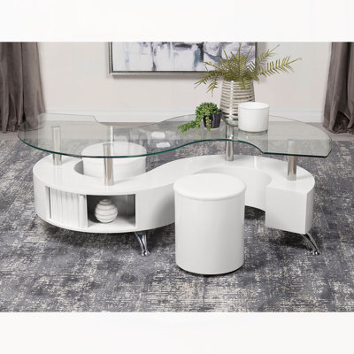 Ensemble de table basse et tabourets 3 pièces blanc ultrabrillant