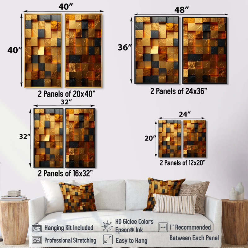 Cubes dorés abstraits géométriques abstraits - art mural abstrait géométrique, H 32 po x l 32 po, Toile tendue
