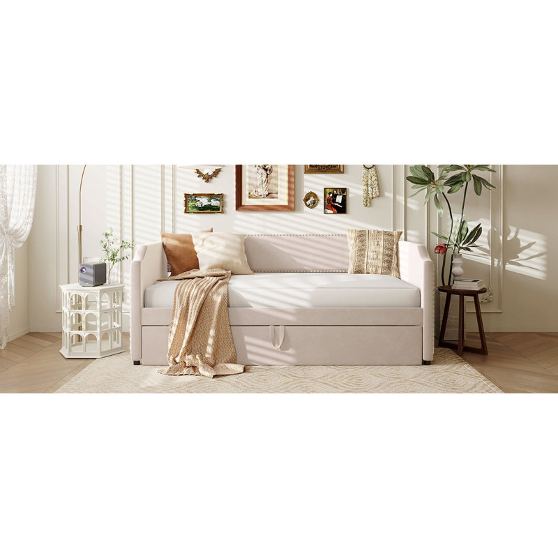 Lit de jour simple en velours rembourré avec couchette escamotable, beige, Beige