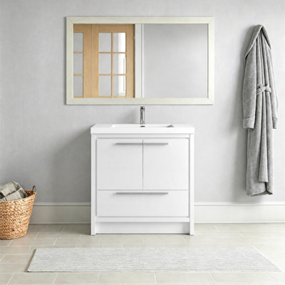  Meuble-lavabo simple 36 po avec comptoir en résine blanc brillant, HG.White Design moderne pour petite salle de bain
