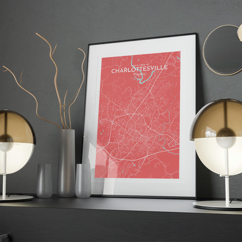 Charlottesville, carte de la ville, impression graphique, H 17 po x l 11 po x P 0,05 po, Rose / bleu bébé