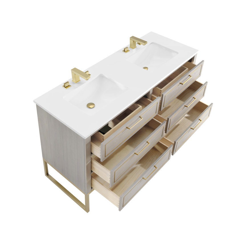 Markham 60'' W Double Vanity, Cashmere Gray, White Quartz, Satin Brass