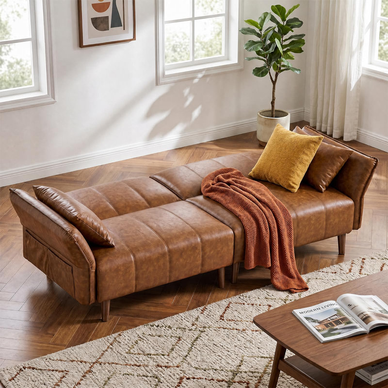 Canapé-lit 82,7 po en similicuir convertible, canapé-lit futon en cuir de style Mid-Century avec dossier réglable, accoudoirs et pochette de rangement