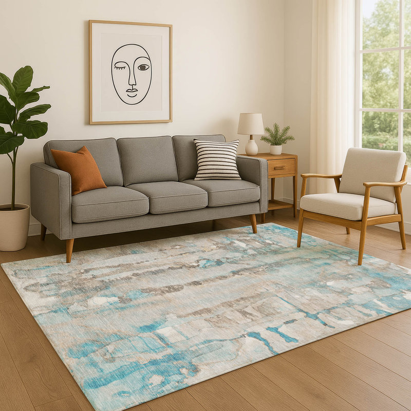 Premium Machine Washable Mayfield AMF2120 Abstract Rug, Teal, 3' x 5'