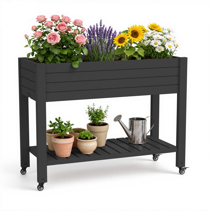 Black Gramercie Elevated Garden Bed Raised Planter For Outdoor Indoor With Wheels, Black