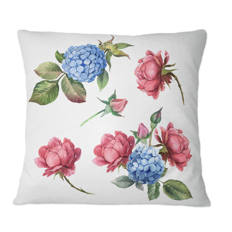 Coussin décoratif imprimé rose traditionnel rose et bleu avec feuilles, 16 po x 16 po