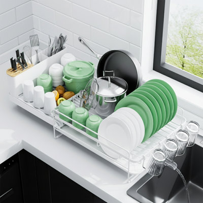 Extendable Dish Drying Rack, Large Drying Dish Rack with Cutlery & Cup Holders, Multifunctional Dish Racks for Counter with Drainage, 18.2"-25.7" L x 12.9" W, White