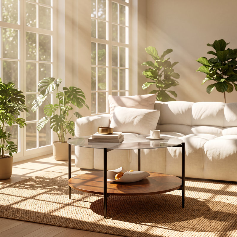 Table basse ronde moderne en verre trempé et bois de noyer, dimensions : 82 cm (L) x 82 cm (P) x 45 cm (H)