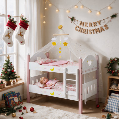Berceau pour poupée, ensemble de lit superposé en bois détachable, mobilier robuste pour chambre de poupée avec tulle, literie, oreiller, échelle et mobile pour bébé, convient à plusieurs poupées jusqu'à 50 cm, pour les filles de 3 ans et plus.