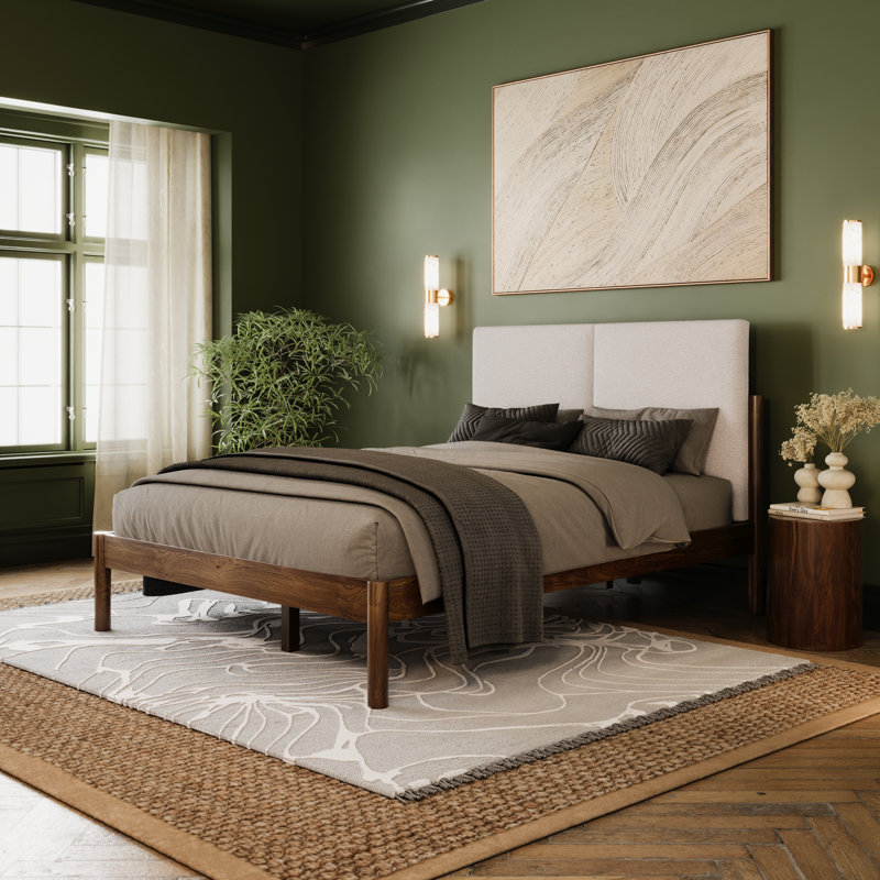 Ardin Solid Wood Bed with Boucle Headboard, Walnut, Queen
