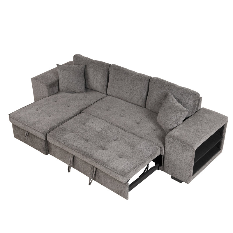 104.5" L-Shape Reversible Sectional With Sleeper And Chaise Storage, Charcoal 3 Seat Bed Storage 2 Stools, Linen Fabric, Color Scheme