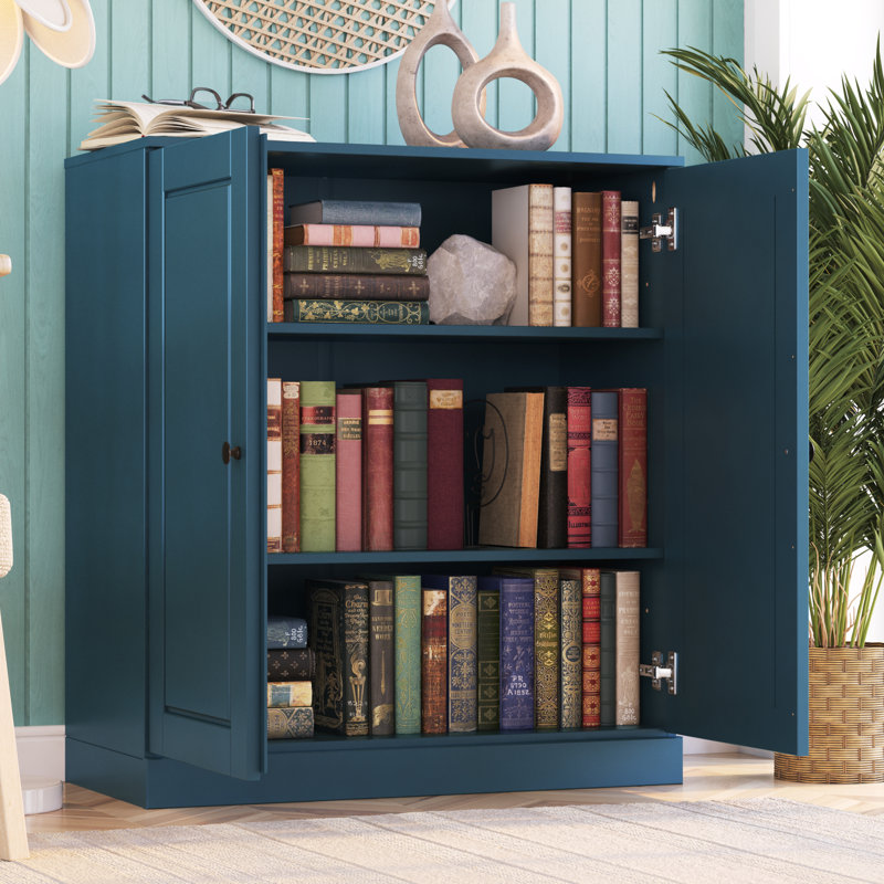 Bibliothèque courte Palace Imports en bois massif avec portes réglables, Bleu sarcelle