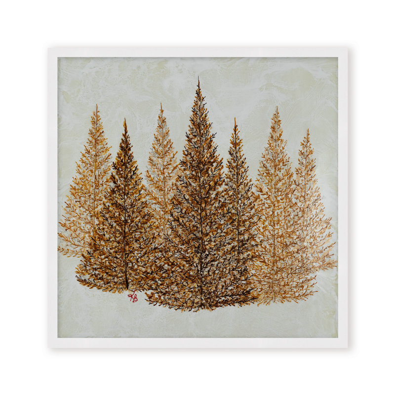 Nature Inspired "Gilded Pines" Canvas Wall Art By , 12" H x 12" W, Framed Matted Print, White