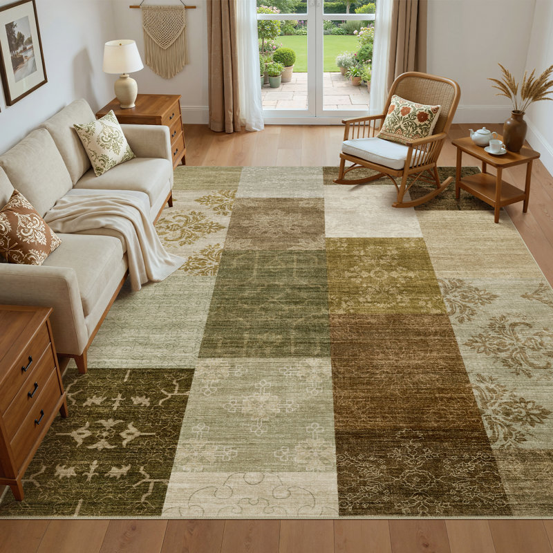Faux Patchwork Abstract Geometric Area Rug – Washable Low-Pile Carpet for Living Room, Rectangle 8' x 10'