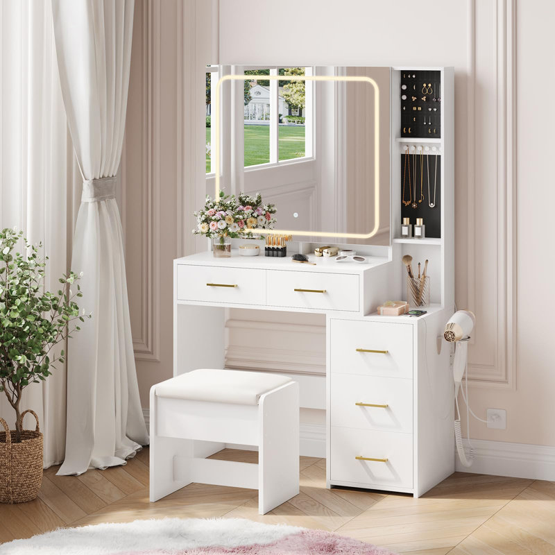 White Makeup Vanity Desk Set With Mirror And Lights Five Drawers Stool Power Outlet Three Color Lighting Modes Adjustable Brightness For Bedroom Dressing Table Use