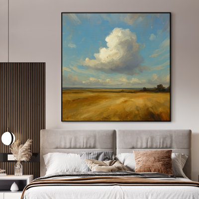 Très grand art mural imprimé sur toile - Paysage champêtre doré et ciel avec des nuages, décor contemporain ou campagnard pour le salon ou la chambre à coucher - «Assemblage requis du cadre (cadre non fini)»