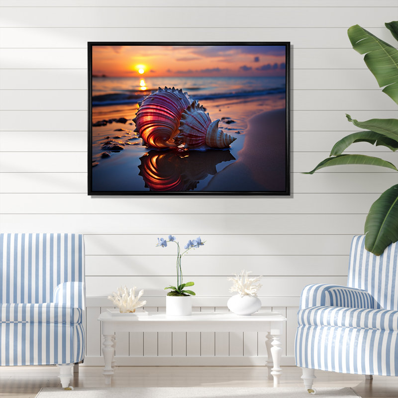 Coucher de soleil sur le rivage, Trésors V - art mural plage, Cadre flottant brun, H 24 po x l 32 po x P 1 po