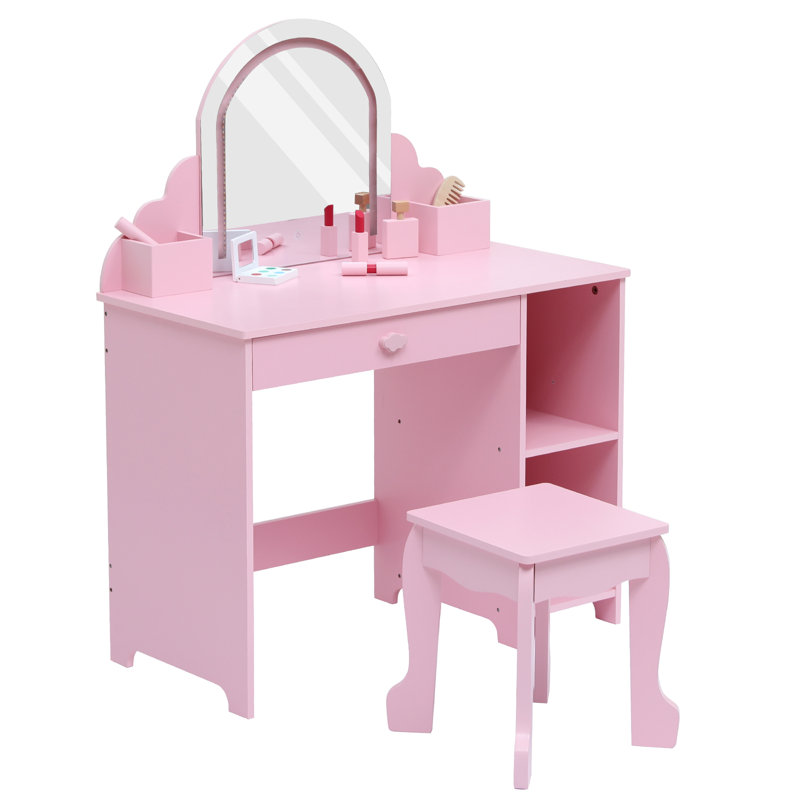 2-in-1 Kids Vanity Table Set with LED Lighted Adjustable Mirror – Stool, Storage Drawers, Open Shelves – Makeup and Study Desk for Bedroom or Playroom