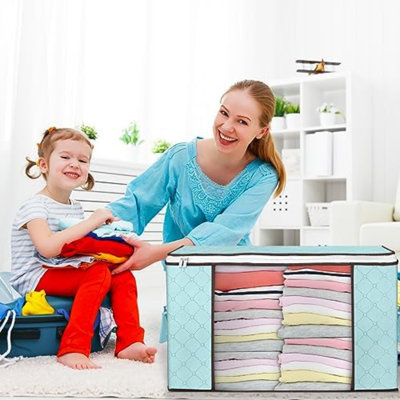 90 L Large Storage Bags, 8 Pack Clothes Storage Bins Foldable Closet Organizer Storage Containers With Durable Handle Storage And Organization, Blanket, Comforters, Bed Sheets, Pillows And Toys (Blue)