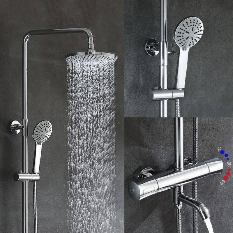 Juno Chrome Finish Wall Mount Outdoor Shower Head With Handheld Shower And Tub Faucet