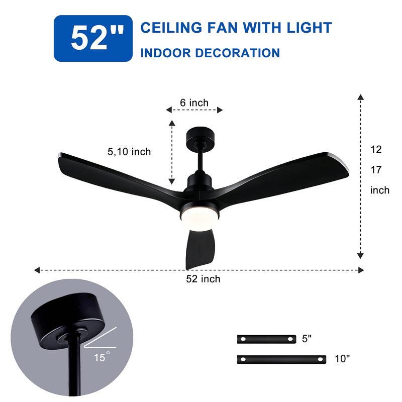 Ventilateur de plafond d'intérieur de 52 pouces avec lumières DEL, ventilateur de plafond en bois massif avec télécommande pour chambre à coucher, salon, appartement