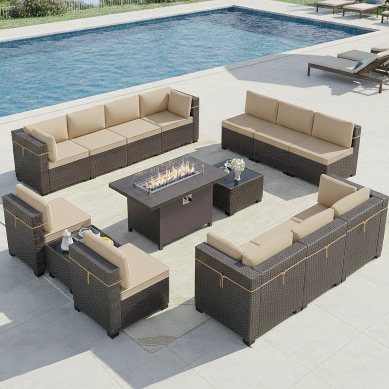 12-Piece All-Weather Rattan Sectional Seating Group With Fire Pit Table & Cushions, Tan