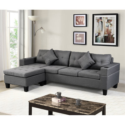 L Shape Chaise Lounge Sectional With Cup Holder In Gray Linen Fabric For Comfortable Living Areas And Stylish Room