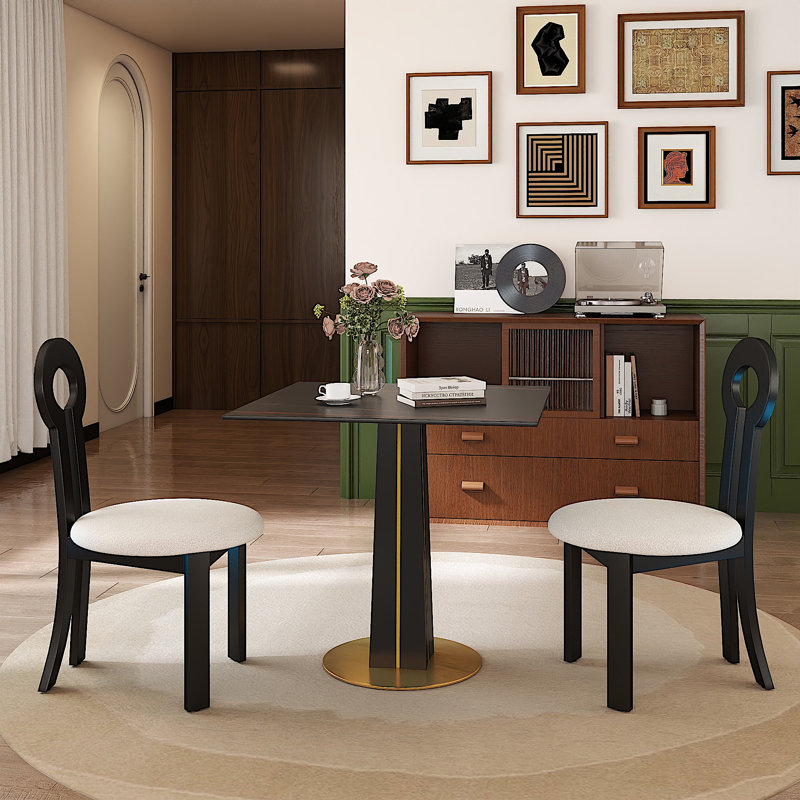 3-Piece Modern Dining Set with 33.5" Square Sintered Stone Top, Black Pedestal Base with Gold Trim & 2 Rubberwood Chairs – Small Space Kitchen & Dining Table Set